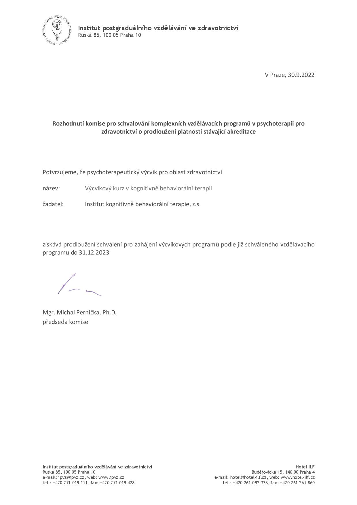 Potvrzeni O Prodlouzeni Akreditace Institut KBT Do 2023