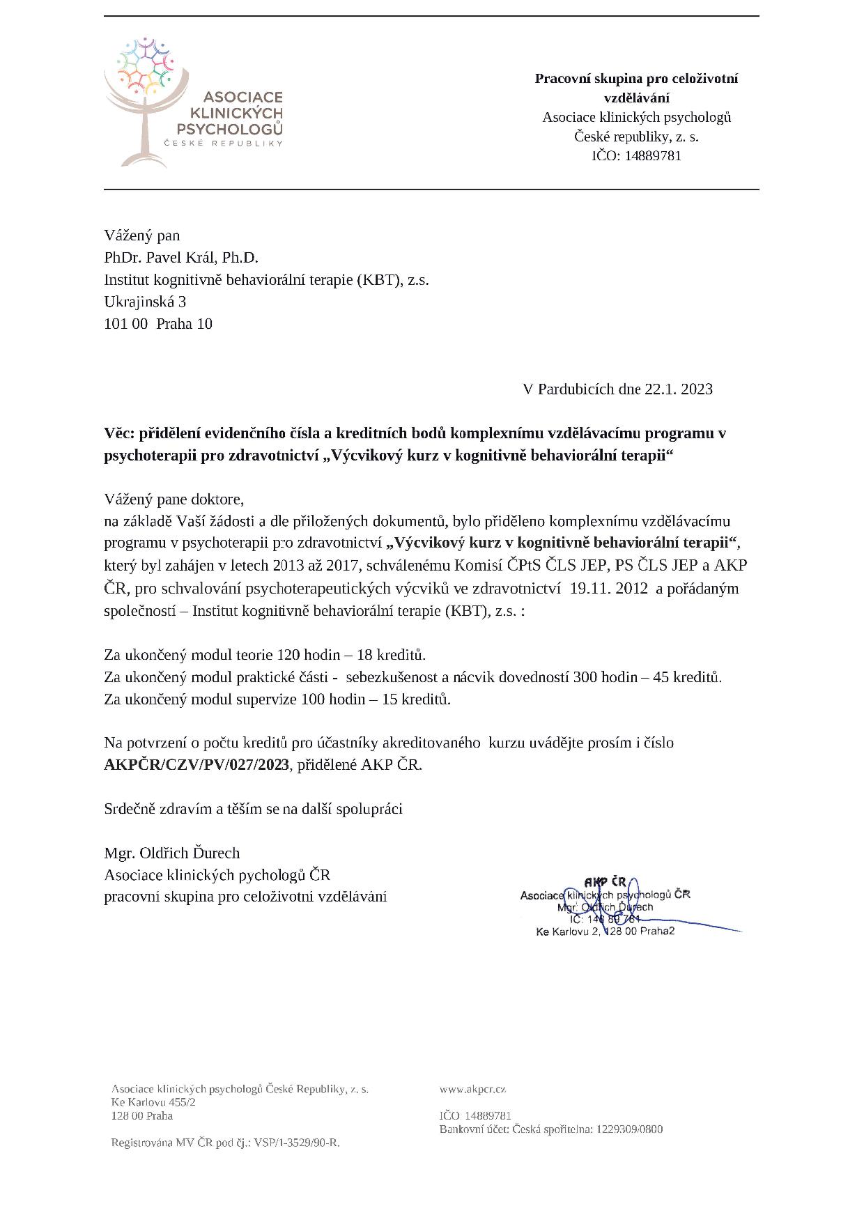 Prideleni Evidencniho Cisla A Kreditu Psychoterapeutckemu Vycviku KBT 2013 2017