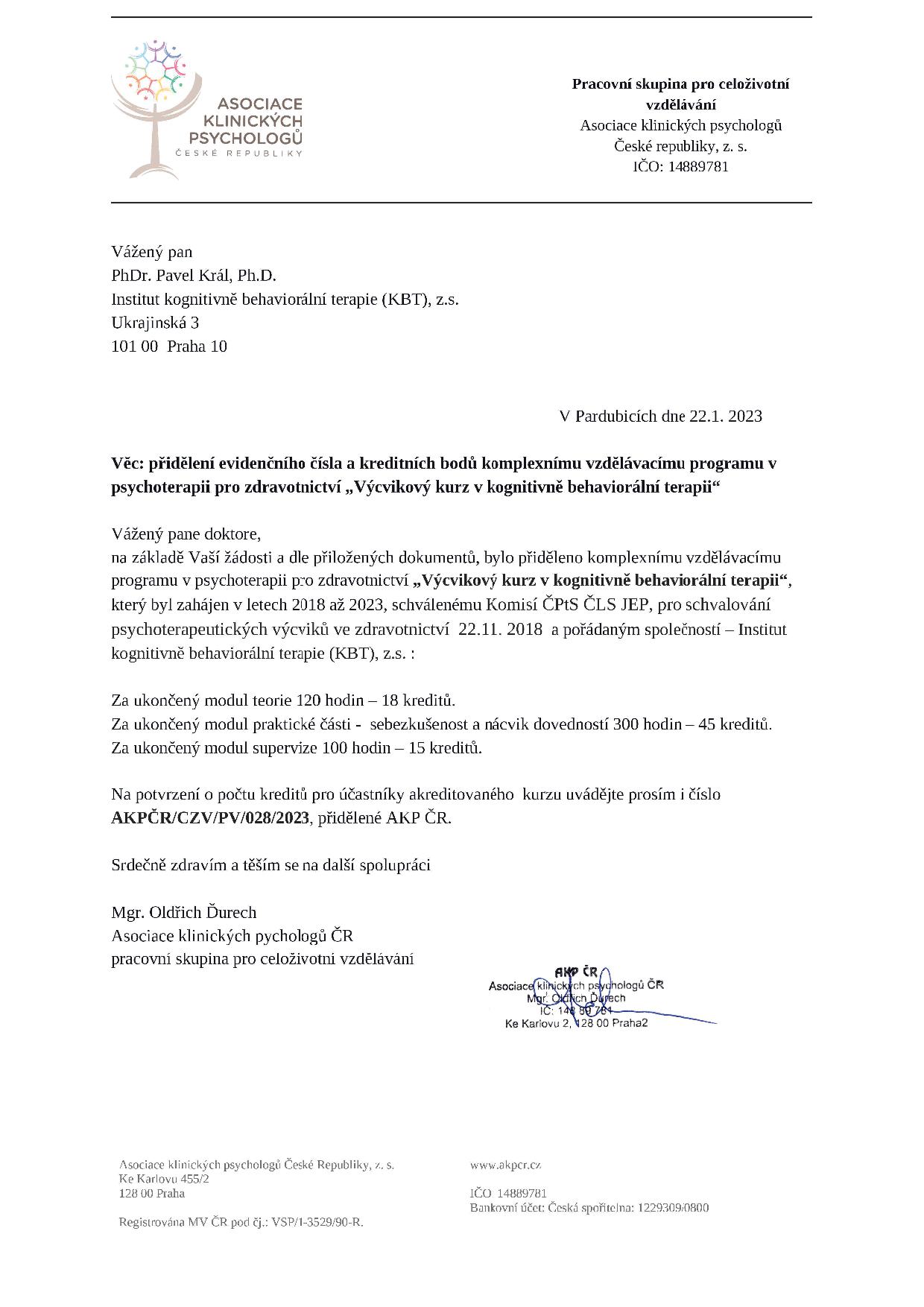 Prideleni Evidencniho Cisla A Kreditu Psychoterapeutickemu Vycviku KBT 2018 2023